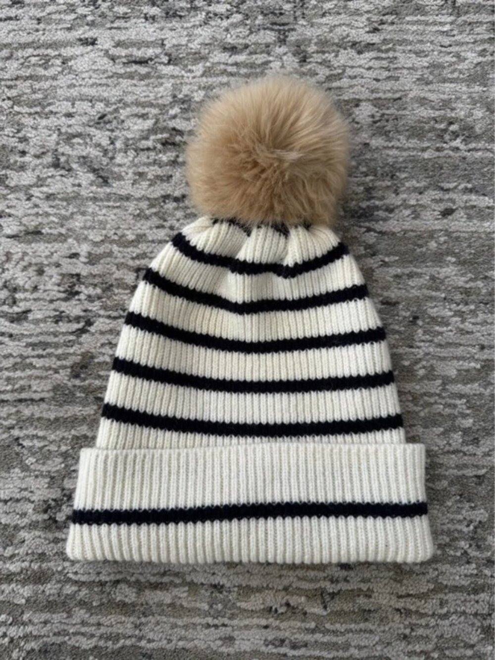 Jigsaw x Robert Mackie of Scotland Striped Knit Pom Pom Beanie - Ivory/Navy